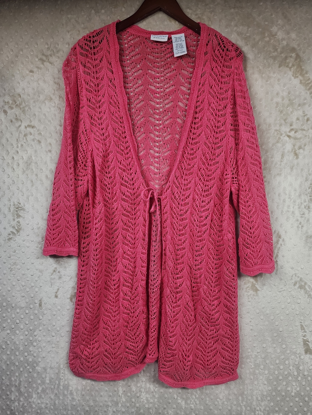 Vintage White Stag Hot Pink Open Crochet Tie-Front Long Tunic Cardigan 22/24